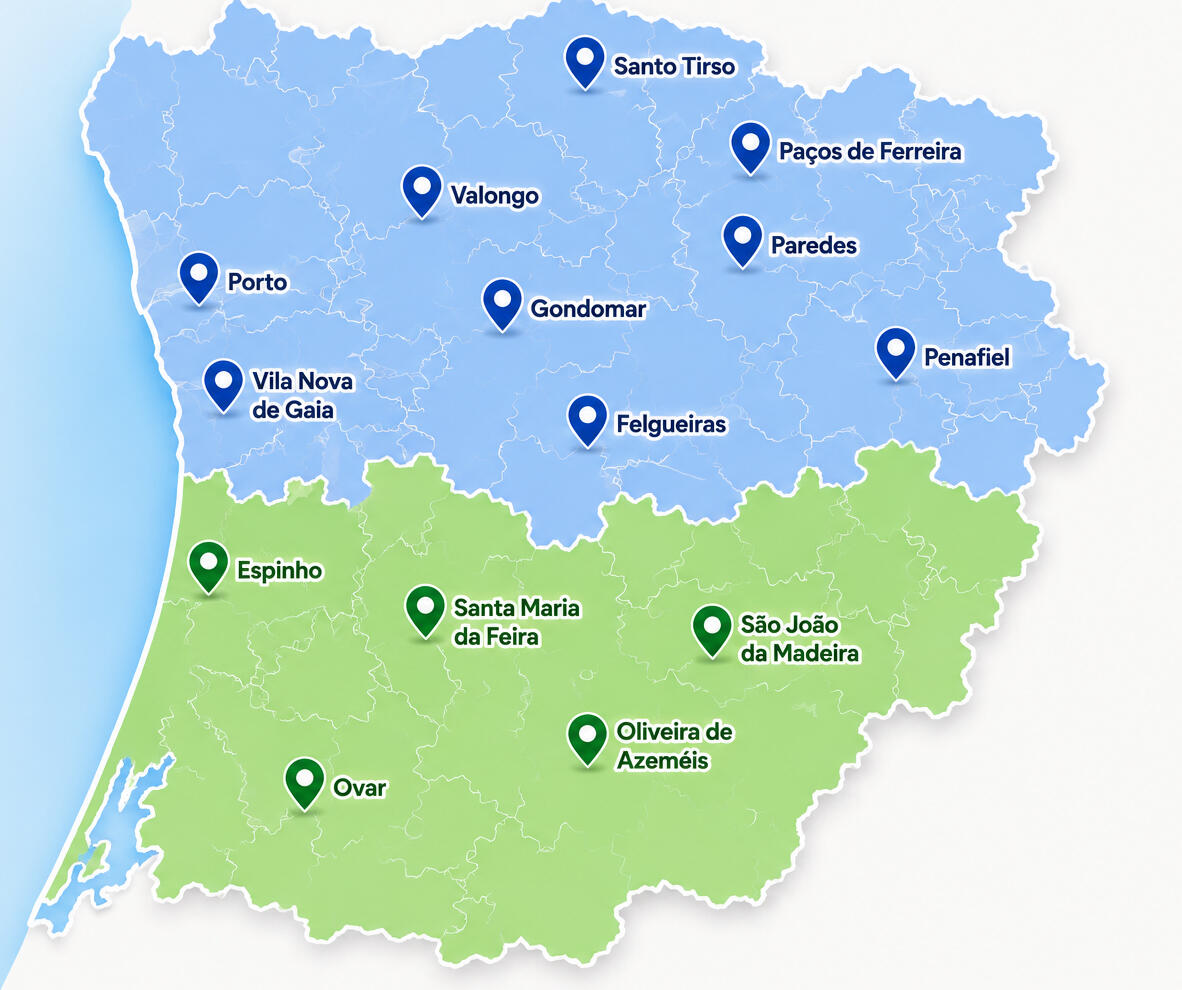 Mapa distritos de atuação Mapa de distritos do Porto e Aveiro. A nossa zona de atuação é nestes distritos.